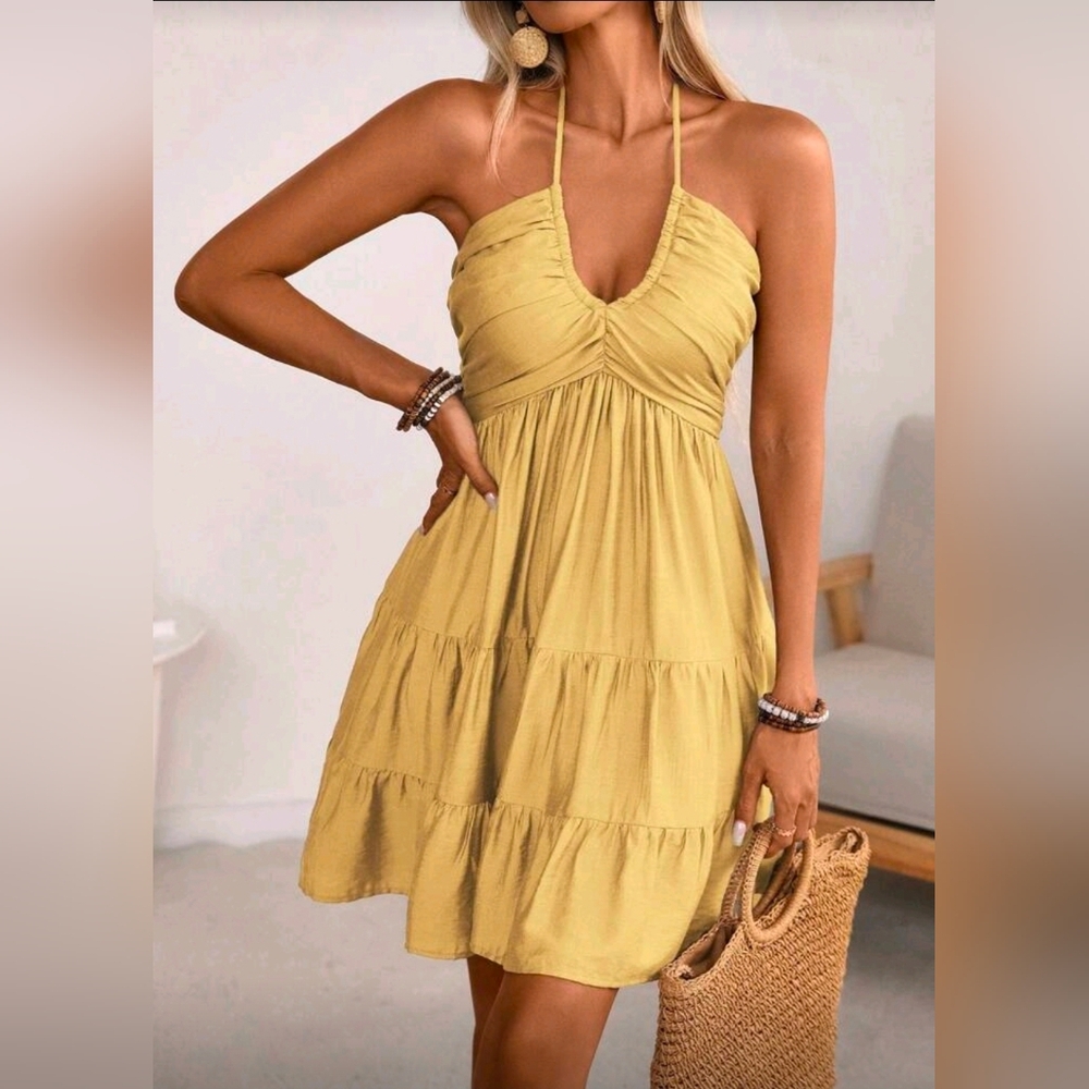 New Tie Halter Smocked Tiered Short Dress Yellow